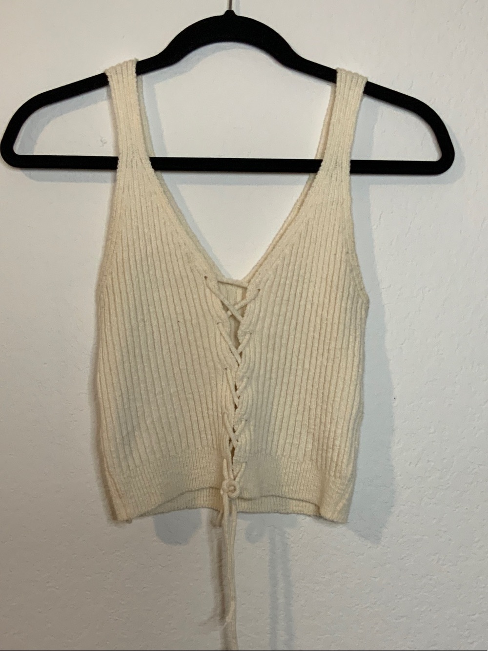 debut Cream Ribbed Lace-Up Knit Tank